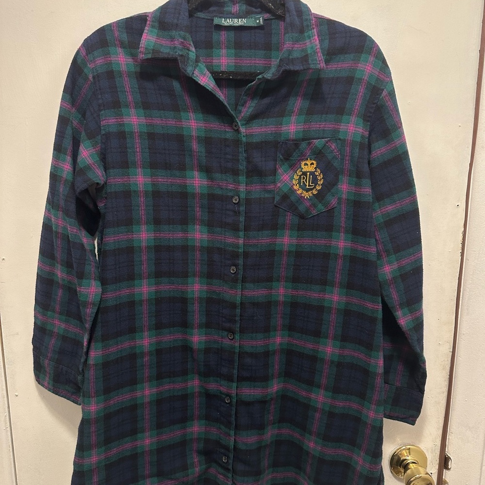 Ralph Lauren Plaid Flannel Nightshirt Medium Green Navy Pink RL crest